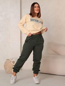 Women's Warm, Lined Sweatshirt And Sweatpants Set - xanh quân đội - Xem 3