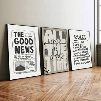 Juego de 3 carteles de arte retro con lemas cristianos Estética Buenas noticias Dios es bueno Fruto del Espíritu Pintura en lienzo Imagen de pared vintage para dormitorio, sala de estar, hogar, dormitorio, apartamento Decoración, pintura en lienzo, regalo de vacaciones y cumpleaños, decoración de oficina Obra de arte ordenada Marco opcional, arte de pared con marco