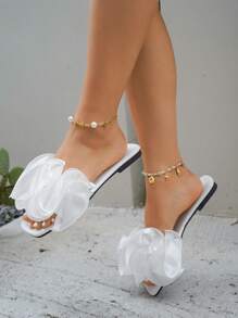 New Women's Black Casual Party & Beach Ruched Flower Decor Flat Slide Sandals, Outdoor Comfortable Versatile Square Toe Soft Flat Slippers