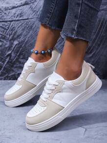 Baskets décontractées à motif de losanges pour femmes, chaussures de fête confortables de style preppy en couleur unie, mignon, chaussures de sport décontractées en PU à lacets pour le travail, les trajets, les vacances, toutes les saisons