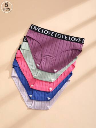5条装女士性感低腰无缝三角内裤罗纹棉质三角裤LOVE字母腰带舒适运动内裤