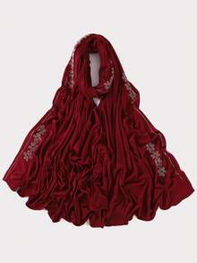 1pc Women's Solid Color Satin Floral Print Rhinestone Scarf, Fashion Elegant Soft Breathable Jersey Headscarf - Multicolor - View 7