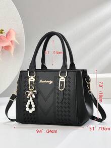 时尚刺绣简约百搭女士手提包，配有吊坠配饰 - 黑色 - 查看 6