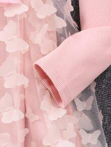 可爱粉色露肩长袖网眼女童连衣裙，适合春夏秋季休闲装 - 粉色 - 查看 4