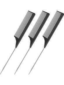 1/3件套扁平不锈钢发梳套装，包含一把宽齿梳、一把尖尾梳和一把细齿梳，适用于专业美发沙龙。美发造型工具，发饰