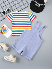 2pcs/Set Toddler Boys Fashionable, Simple Casual & Cute Rainbow Striped Short Sleeve Top With Bib Shorts, Spring/Summer