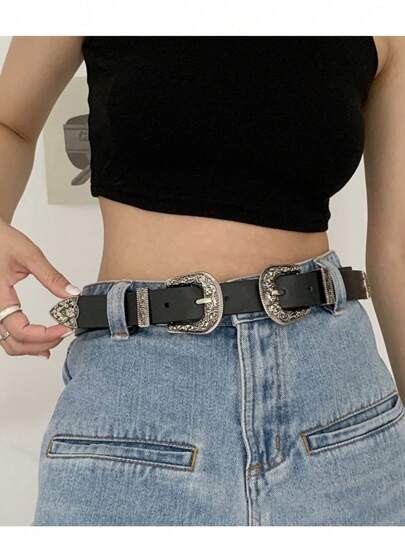 1pc Women's Plus Size Western Cowgirl Style Double Buckle Waist Belt, Suitable For Dresses, Pants, Skirts, Casual, Business, Weekend, Vacation, Retro, Y2K, Boho, Jeans, High-Quality Wide Waist Strap