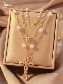 Hihho 3 件套个性化欧式十字架吊坠多层可调节项链，适合女士，镶嵌闪亮锆石，仿珍珠链，适合日常佩戴、送礼和派对 - 金黃色 - 查看 12
