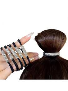 Luxury Rhinestone Ponytail Holders: Set Of 5 Elegant Black Elastic Hair Ropes Decorated With Brilliant Crystal Accents, Providing A Strong And Gentle Hold For All Hair Types, Adds A Touch Of Sparkle And Refinement To Ponytails, Top Knots, Half-Up Styles, And Braids, Perfect For Adding A Touch Of Glamour To Everyday Looks, Dressing Up For Special Events, Dance Recitals, Cheerleading, And More, Durable And Stretchy Elastic Ensures Long-Lasting Use Without Snagging Or Breaking Hair, Makes A Stylish And Practical Gift For Women And Girls Who Appreciate Fashionable And Functional Hair Accessories, Elevate Your Hairstyles Effortlessly With These Exquisite And Secure Rhinestone Ponytail Holders, Adding A Touch Of Dazzling Charm To Any Occasion.