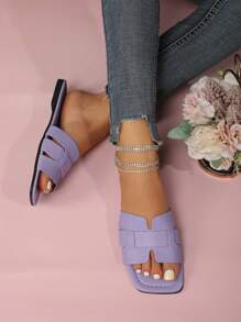 Women's Spring Summer Casual Sandals | Purple Embossed Cross Strap Square Toe Flat Slippers | Ripped Jeans & Floral Dresses Friendly | Versatile Beach Shoes ( Size 35-43 )