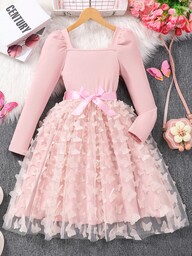 Vestido de Menina Casual com Ombro Caído, de Manga Longa e Tule Rosa Fofo, para Primavera, Verão e Outono