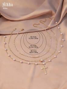 Hihho 3 件套个性化欧式十字架吊坠多层可调节项链，适合女士，镶嵌闪亮锆石，仿珍珠链，适合日常佩戴、送礼和派对 - 金黃色 - 查看 9