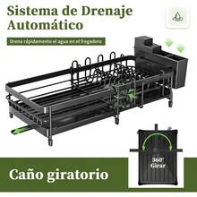 Escurridor de platos de acero inoxidable, escurridor de platos expandible con sistema de drenaje automático, estantes de fregadero de cocina para vasos que sostienen utensilios y tablas de cortar - 1 - Ver 9