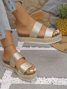 Woven Casual Women Slippers, Fashion & Versatile - Gold - View 6