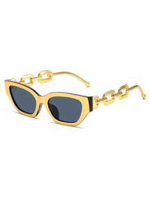 Lunettes de mode forme d'œil de chat pour hommes, petit cadre avec chaîne ajourée. Lunettes de mode convenant pour la protection solaire estivale, les vacances à la plage, les sports de plein air, les fêtes, la conduite, la pêche, le vélo, les achats et la prise de photos. Accessoires pour les vacances d'été à la plage, les activités de plein air et les voyages