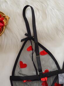 2pcs Women's Lingerie Set: Floral Mesh Robe With Front Tie Bow Accent And Nightgown