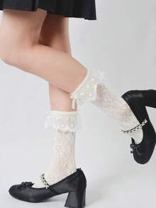 1 Pair Women's Japanese Lolita Style Floral & Polka Dot Bow Trim Short Socks - Multicolor - View 9