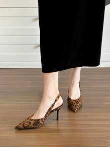 Zapatos de tacón alto con punta afilada, estampado de leopardo, talón abierto, elegantes y versátiles