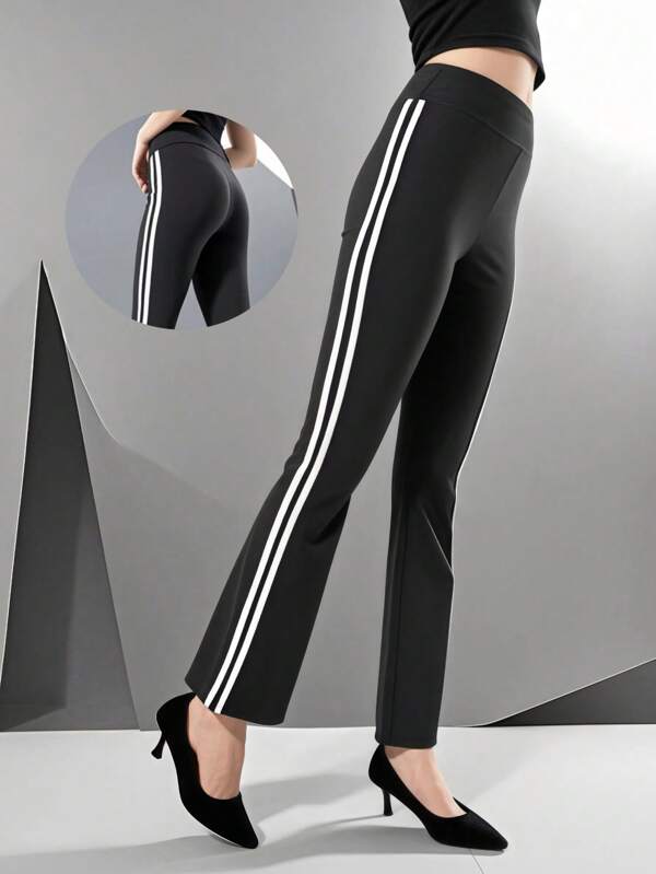 High Waisted Athletic Leggings Sports Yoga Pants With White Stripe Stretchable Workout Tights Comfort Fit For Running And Casual