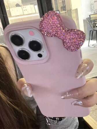 1 stuk premium roze cartoon schattige 3D pailletten strik & lychee patroon kristal versierde telefoonhoesje, compatibel met Apple 15 Pro Max/16 Pro Max, 14/13/12/11, XR zachte full body beschermhoes