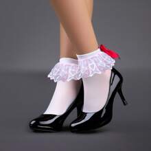 1 par de medias cortas sexy para mujer de terciopelo 100D con ribete de encaje, medias cortas transparentes con lazo negro y rojo