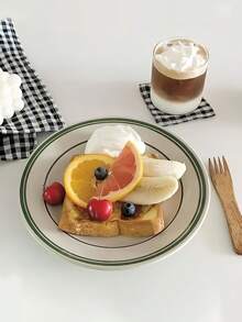 1 pièce Assiette sucrée style Ins avec ligne verte, assiette à gâteau en céramique de niche créative, assiette à steak salade petit déjeuner très attrayante, plateau domestique