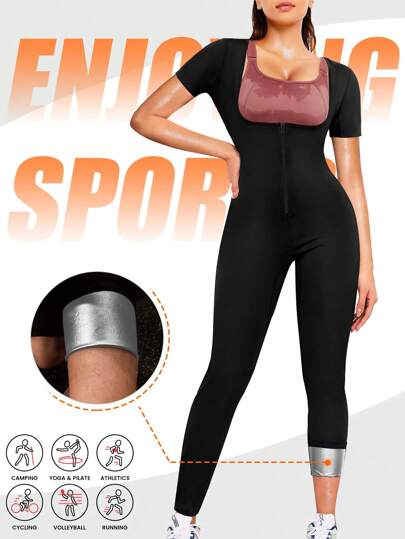 1pc 2025 New 4-In-1 Sauna Fitness Shaping Jumpsuit, Women's Exclusive Yoga Sauna Weight Loss Set: Solid Color Minimalist High Waist Shaping Short Sleeve Jumpsuit, Slim Fit 3/4 Lifting Pants, Paired With Abdominal Fat Burning Training Tank Top, All-Around Sculpting S-Curve. The Perfect Fusion Of Athletic Fitness And Fashionable , Ultimate Shaping, A Of Fat Burning! Let Your Confidence And Charm Shine Through Every Sweaty Workout!