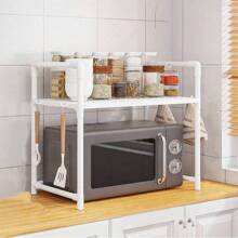 1pc Multipurpose Floor Standing Storage Rack With Handles And Hooks For Living Room, Dining Table, Kitchen - Sturdy Plastic/Metal, Adjustable Shelves, Suitable For Microwave, Oven, And Accessory Storage - Perfect For Countertop, Bedroom, And Bathroom Essentials