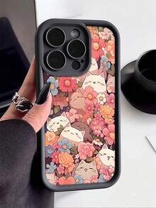 1pc Black Floral Cat Print Cute Pattern Full Coverage TPU Shockproof Phone Case, Compatible With IPhone Apple 16, 15, 14, 13, 12, 11 Pro Max And Series - Multicolor - View 1