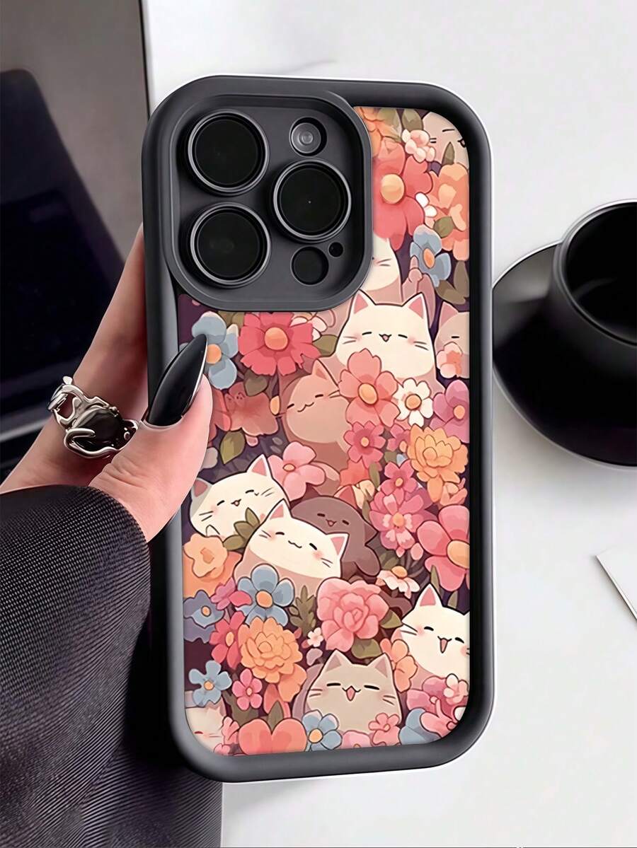 1pc Black Floral Cat Print Cute Pattern Full Coverage TPU Shockproof Phone Case, Compatible With IPhone Apple 16, 15, 14, 13, 12, 11 Pro Max And Series - Multicolor - View 1