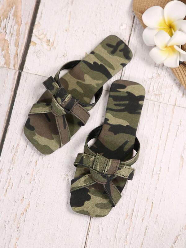 Women's Flat Square Toe Criss-Cross Strappy Sandals, Camouflage Solid Color Fashion Elegant Bowknot Fabric Casual House Slippers, Spring/Summer