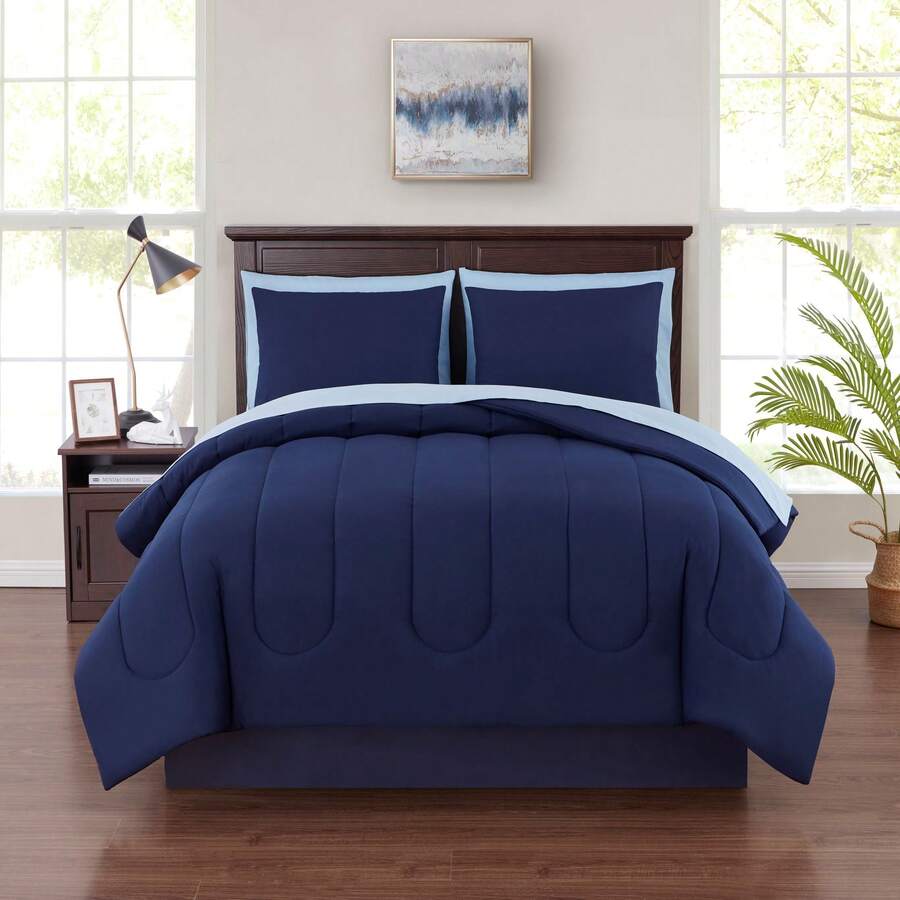 7-Piece Reversible Bed In A Bag Comforter Set With Sheets, Blue Floral, Queen - Navy - 查看 1
