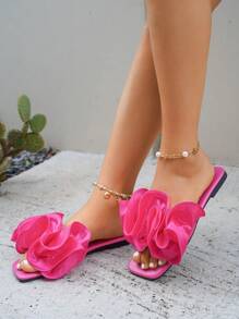 New Women's Black Spring/Summer Fashion Party & Vacation Ruffle Decor Platform Sandals, Outdoor Comfortable Versatile Square Toe Soft Flat Slippers