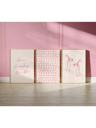 Set Of 3 Pink Wall Art How Lucky Are We Print, Coastal Preppy Floral Bow Art, Aesthetic Dorm Room Decor, Chinoiserie Prints Canvas Painting Holiday & Birthday Gift, Office Decoration Arranged Artwork Optional Frame ,Wall Art With Frame