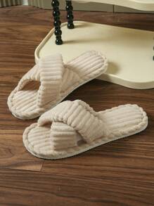 Women's Crossover Dual Band Open Toe Slippers, Comfortable & Stylish Plush Fur Slide Sandals For Indoor/Outdoor, Suitable For Parties, Home, Vacation - EVA Sole, Flannel Material, Washable - Couples Version