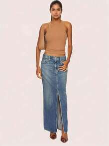 High-Waisted Slit Design Slimming Denim A-Line Mid-Length Skirt, 2025 Spring New Fashion Workwear And Casual Versatile