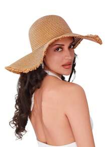 1pc Grass Edge Banding Women Solid Boho Straw Hat For Vacation Fashionable Women's Spring/Summer Beach Hat With Wide Brim, Sun Protection, And Personalized Woven Straw Hat For Travel And Vacation Bow