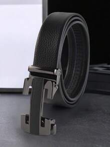 1 Piece Men's Black Self Buckle Leather Belt Alphabet Alloy New Buckle Style, Suitable For Teenagers, Casual Outdoor Sports Or Vacation Trips, Birthday Dress Up Accessories, Daily Wear. Business Casual Versatile Jeans Waistband Perfect Gift For Men