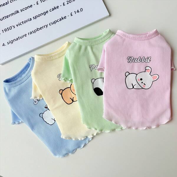 Four-Color Cool Summer Shirts For Pets, Making Them Look Cute And Stay Cool! The Clothes Are Breathable And Have Panda, Rabbit, Bear And Cute Lamb Prints As The Base, Comfortable And Adorable.