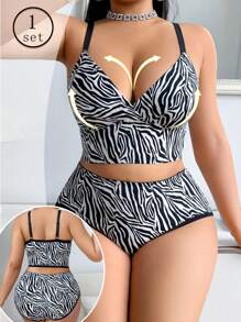 Plus Size Women Zebra Print Bra And Panty Set, Wireless Soft & Comfortable Lingerie Set