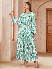 Vestido largo de mujer de manga larga con estampado floral azul elegante, con volantes en los puños, vestido tipo A, modesto, tipo abaya, tipo kaftán, tipo jalab, vestido árabe de verano - Verde - Ver 4