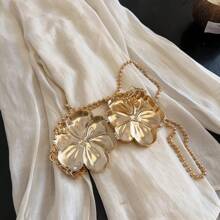 1pc New Mini Metal Makeup Bag, Electroplated Gold Coin Purse, Shiny Avant-Garde Metal Color Handbag, Beaded Chain Crossbody Bag, Flower Asymmetrical Handbag, Jewelry Pouch, Elegant Coin Purse