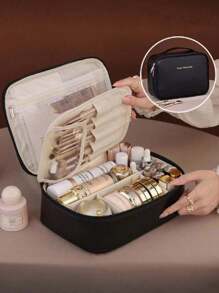 1 pieza Bolsa de maquillaje multifuncional para viajes, bolsa de almacenamiento de belleza, bolsa de artículos de tocador, bolso de mano portátil para viajes, bolsa de almacenamiento impermeable, bolsa de almacenamiento de brochas de maquillaje, bolsa de maquillaje de gran capacidad adecuada para productos de cuidado de la piel, productos de belleza, brochas de maquillaje, polvos compactos y lápices labiales. Es ideal para playas, escuelas, baños, festivales, regalos del Día de San Valentín y Navidad. Es un artículo imprescindible para madres, familiares, amigos y compañeros de clase.