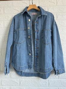 Famininas Drop Shoulder Denim Jacket - 中等水洗藍8294 - 查看 1
