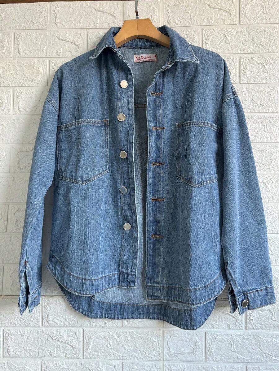 Famininas Drop Shoulder Denim Jacket - 中等水洗藍8294 - 查看 1