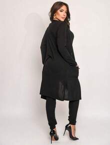 Woolen Cold Weather Set - 3 Piece Set Long Cardigan + Tank Top + Jogger Pants With Adjustable Waistband And Pockets - màu đen - Xem 2