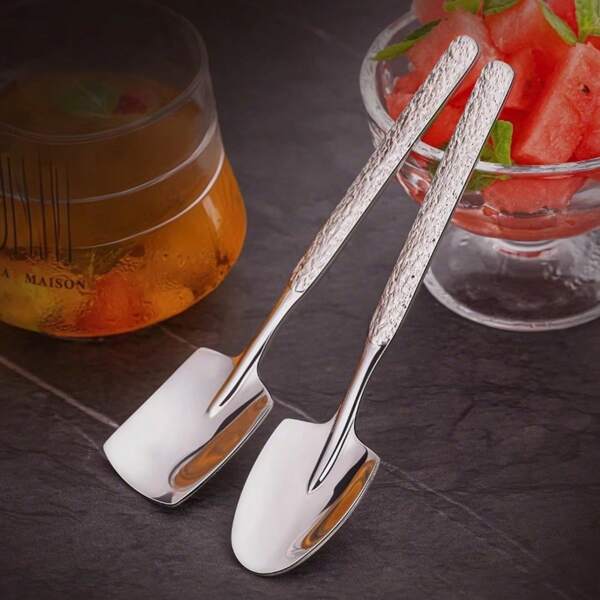 Set de 6/10 piezas de cucharas de acero inoxidable para el hogar, diseñadas especialmente para postres y sandía, que incluyen cucharas para sopa y postres, divididas en 2 estilos, útiles escolares