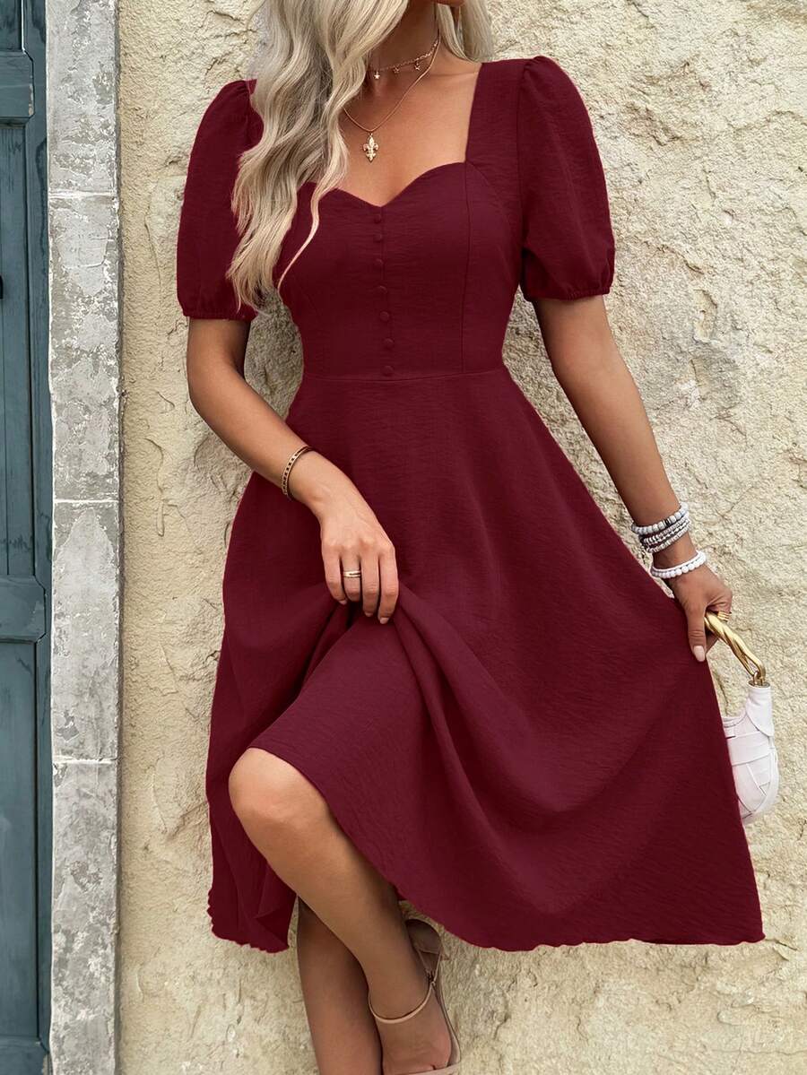 Retro Elegant Solid Color Waist Fitted Short Sleeve Dress - Burgundy - View 1