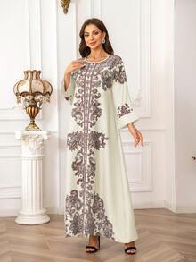 女士圆领长裙，常规剪裁，全身印花，超厚柔软四向弹力面料，常规袖，闪亮装饰，胸前铆钉，奢华优雅的阿拉伯风格 Jalabiya - 白色 - 查看 2