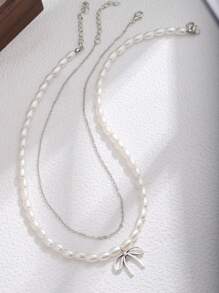 2 pièces Collier de luxe à double couche en cristal avec nœud papillon et perle, collier délicat pour la clavicule, accessoire pour femmes